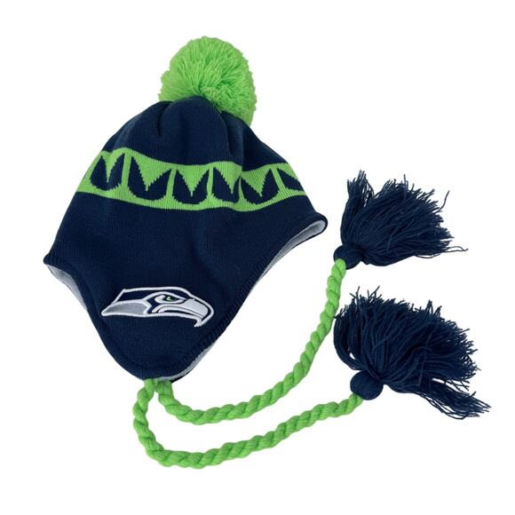 New Era Seattle Seahawks Jacquard Tassel Knit Hat with Pom Blue/ Green Unisex OS - Picture 1 of 7